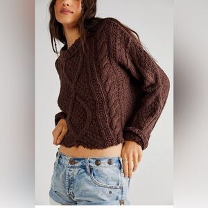 NWTs Free People “Cutting Edge” Cropped Cable Knit Sweater XS Chocolate Brown